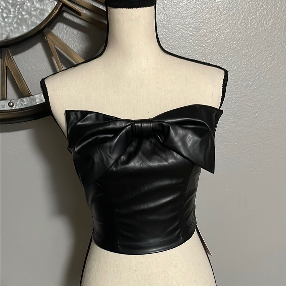 SHEIN MOD Black Faux Leather Bow Top
